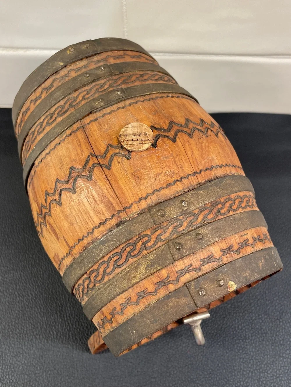 Old Miniature Wooden Tequila Barrel With Spout and Stand
